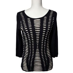 Express Laser Cut Ladder Knit Top Size L Black Cream 3/4 Sleeve Edgy